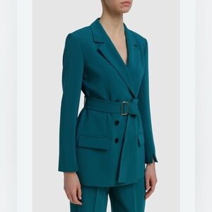 EUC Marc Cain long belted double breasted dark teal green jacket.